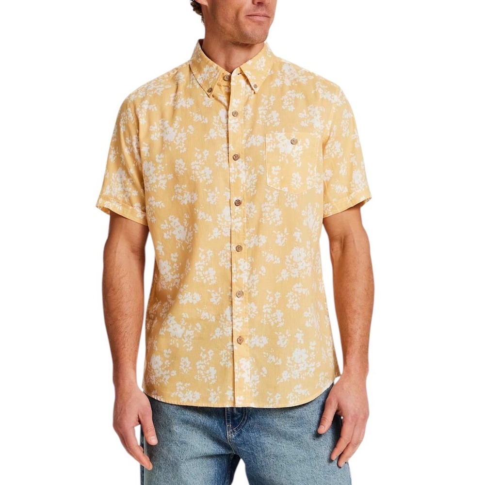 Weatherproof Mens Small Yellow Floral Linen Blend Button Down Short Sleeve Shirt